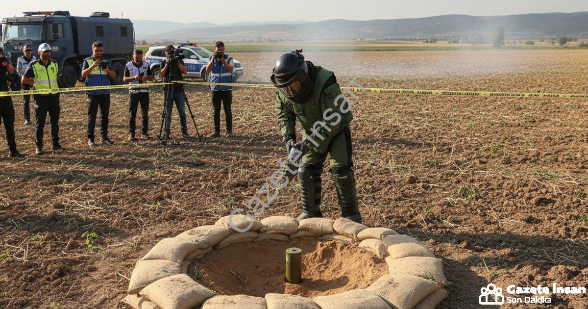 "Tire’de tarlada bulunan el bombası imha edildi" başlıklı haber için fotorealistik, profesyonel bir
