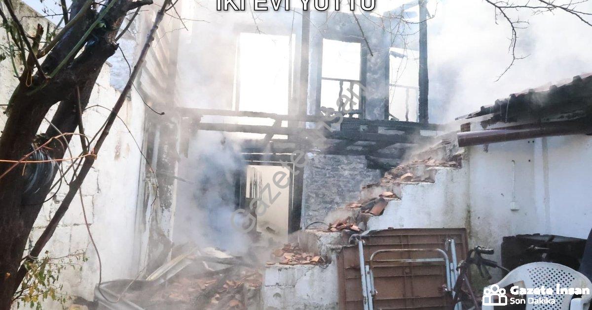 "Muğla Menteşe'de Korku Dolu Anlar: Yangın İki Evi Yuttu" başlıklı haber için fotorealistik, profesy